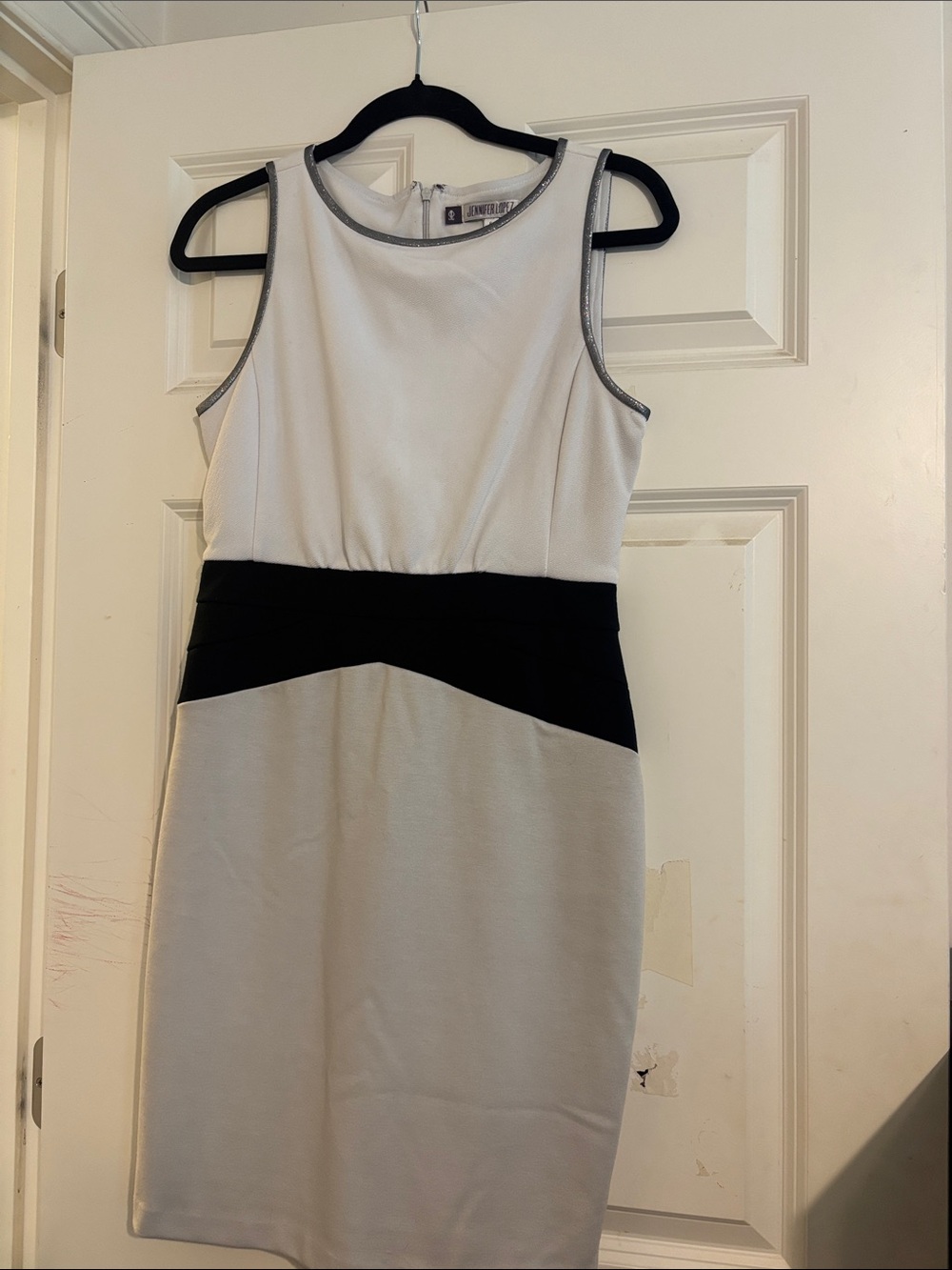 Jennifer Lopez White Mini Dress with Black Waist Panel and Silver Trim